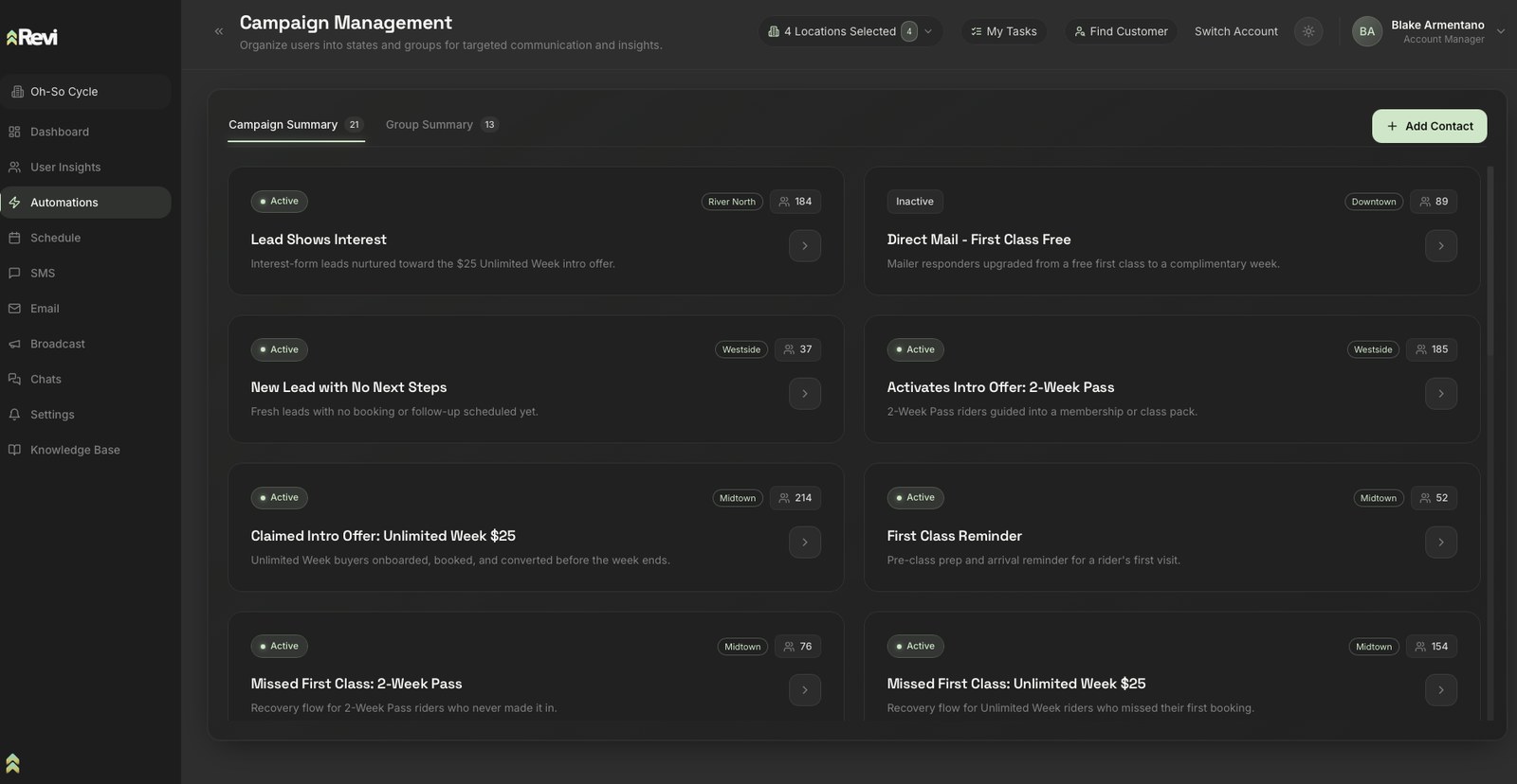 The Automations view inside the real Revi platform