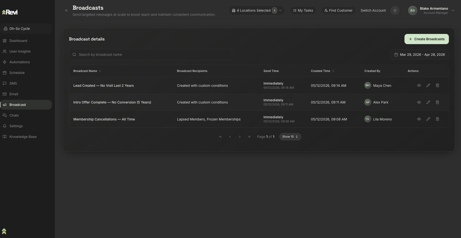 The Broadcast view inside the real Revi platform