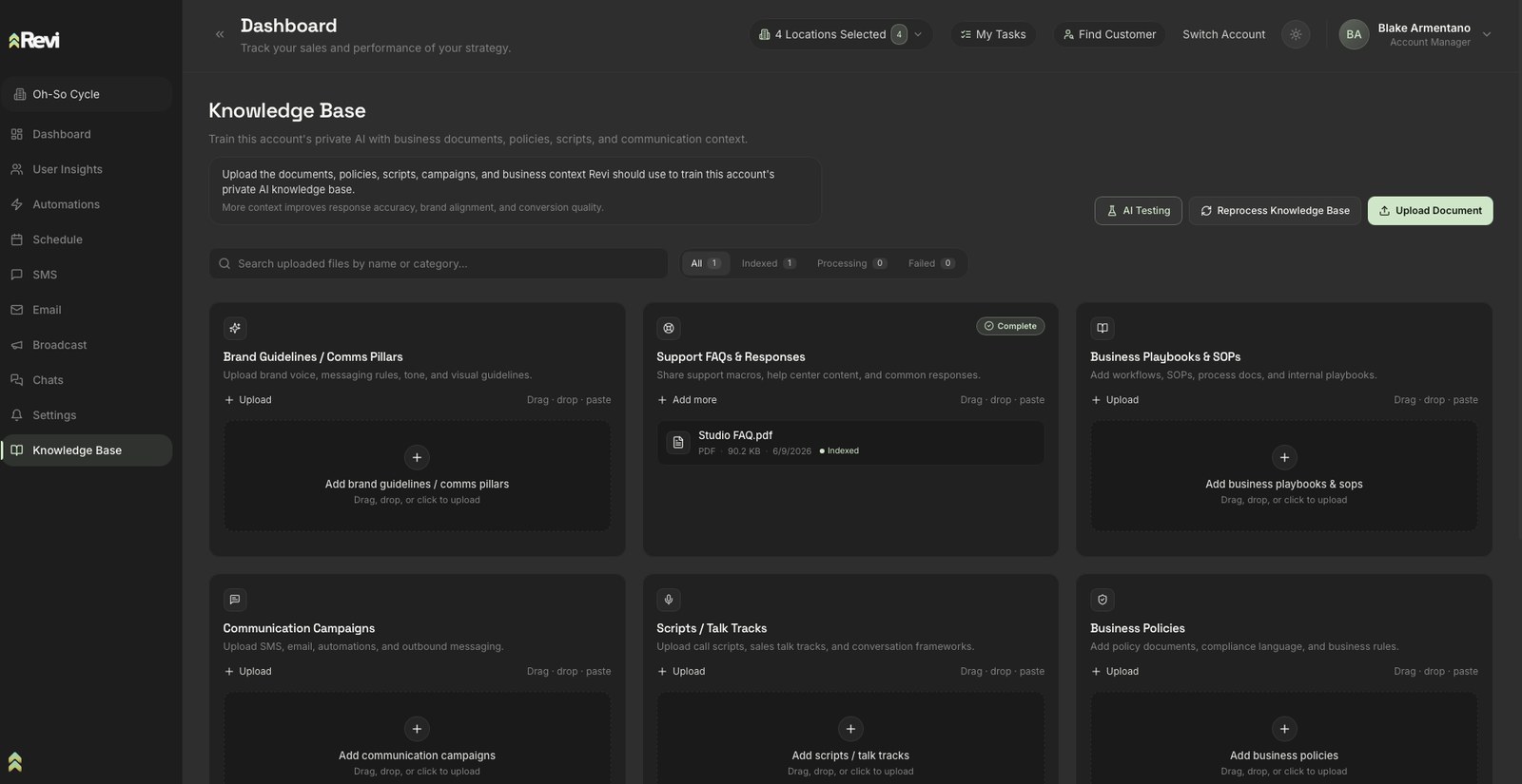 The Knowledge Base view inside the real Revi platform