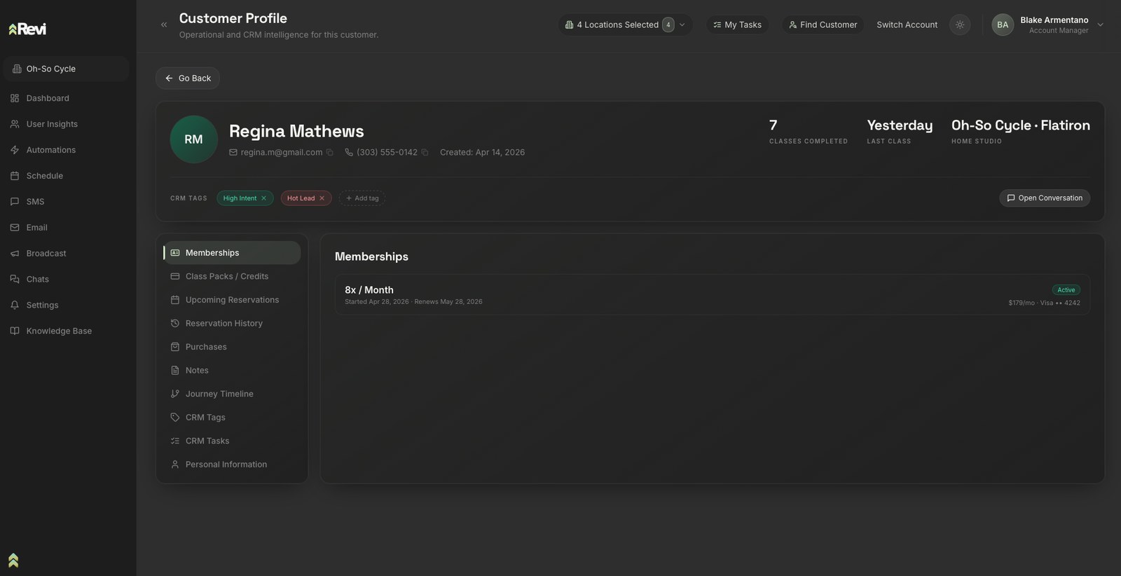 The Client Profile view inside the real Revi platform