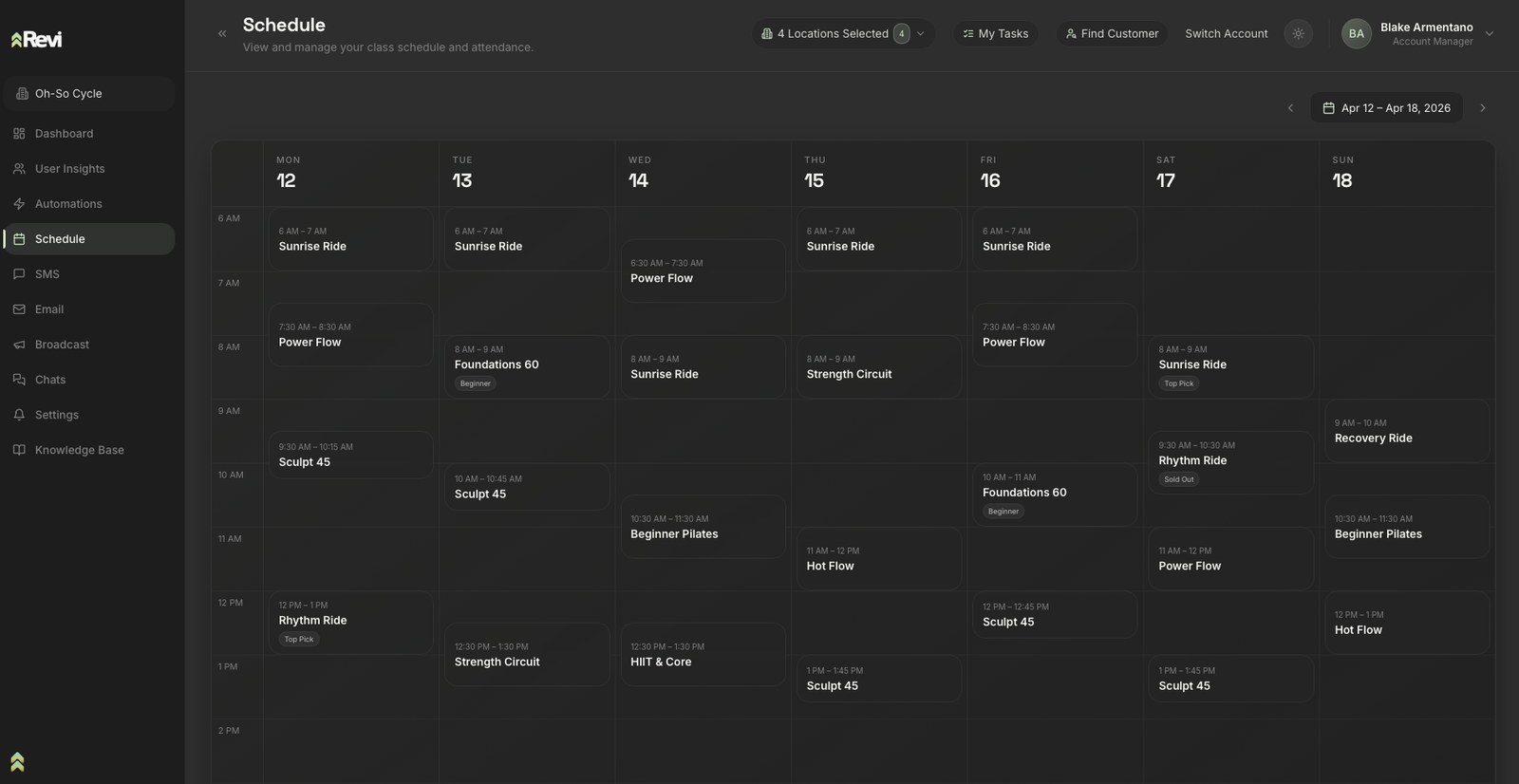 The Schedule view inside the real Revi platform