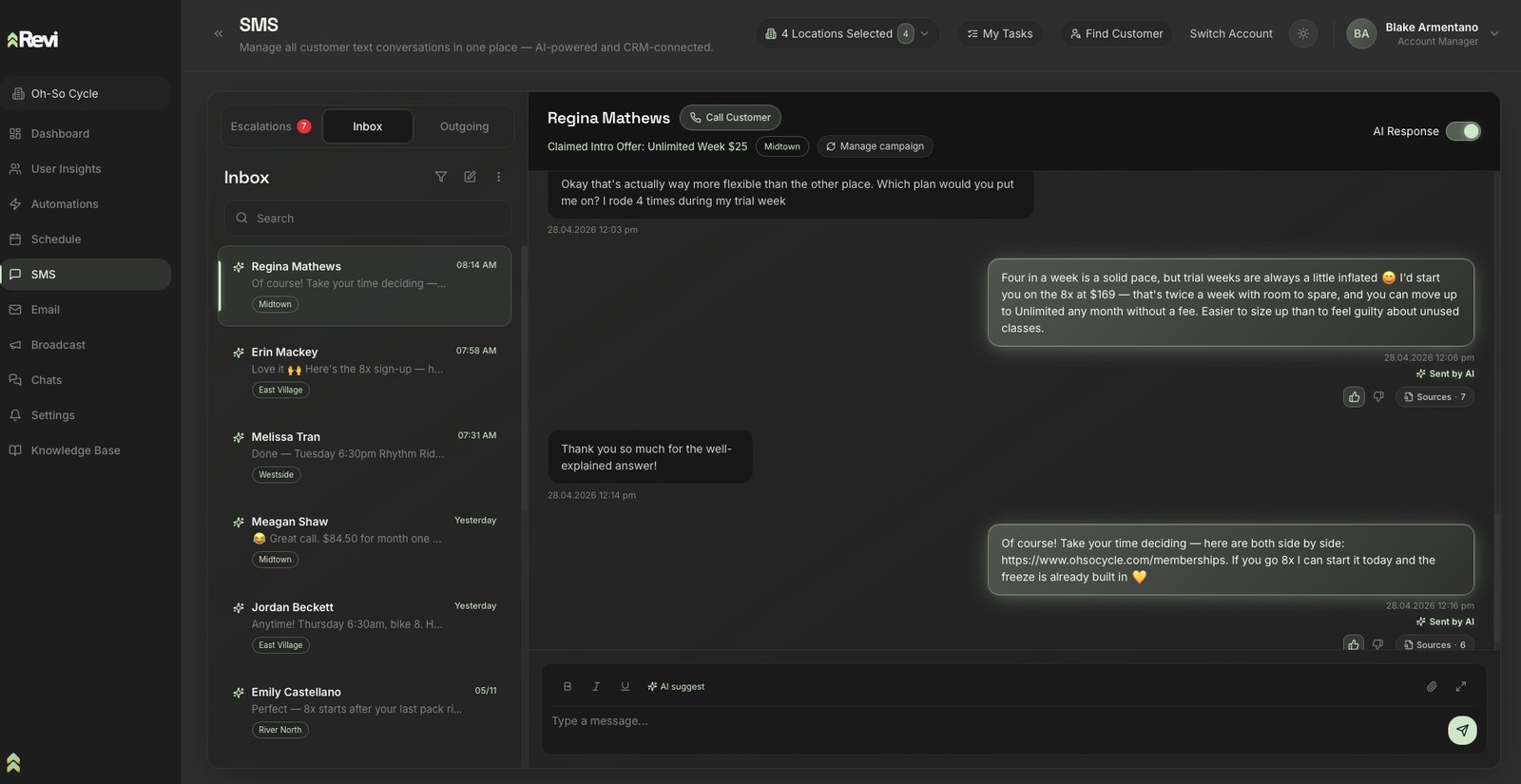The SMS view inside the real Revi platform